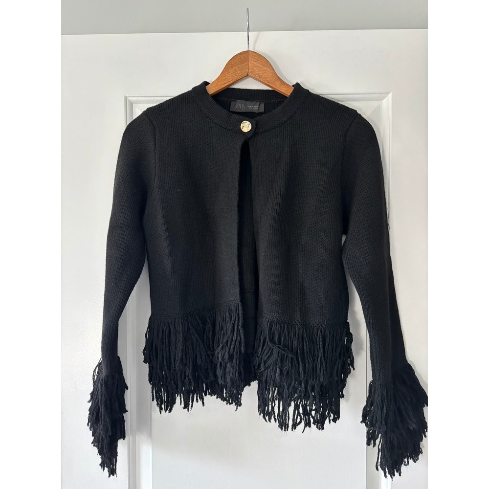 Zara Fringe Knit Cardigan Women Medium Black Gold Button Shaggy Boho Sweater